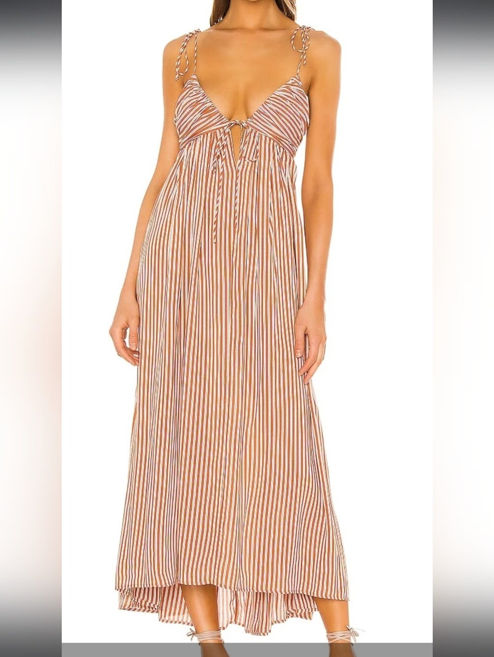 Striped Spaghetti-Tie Maxi Dress in Brown and White